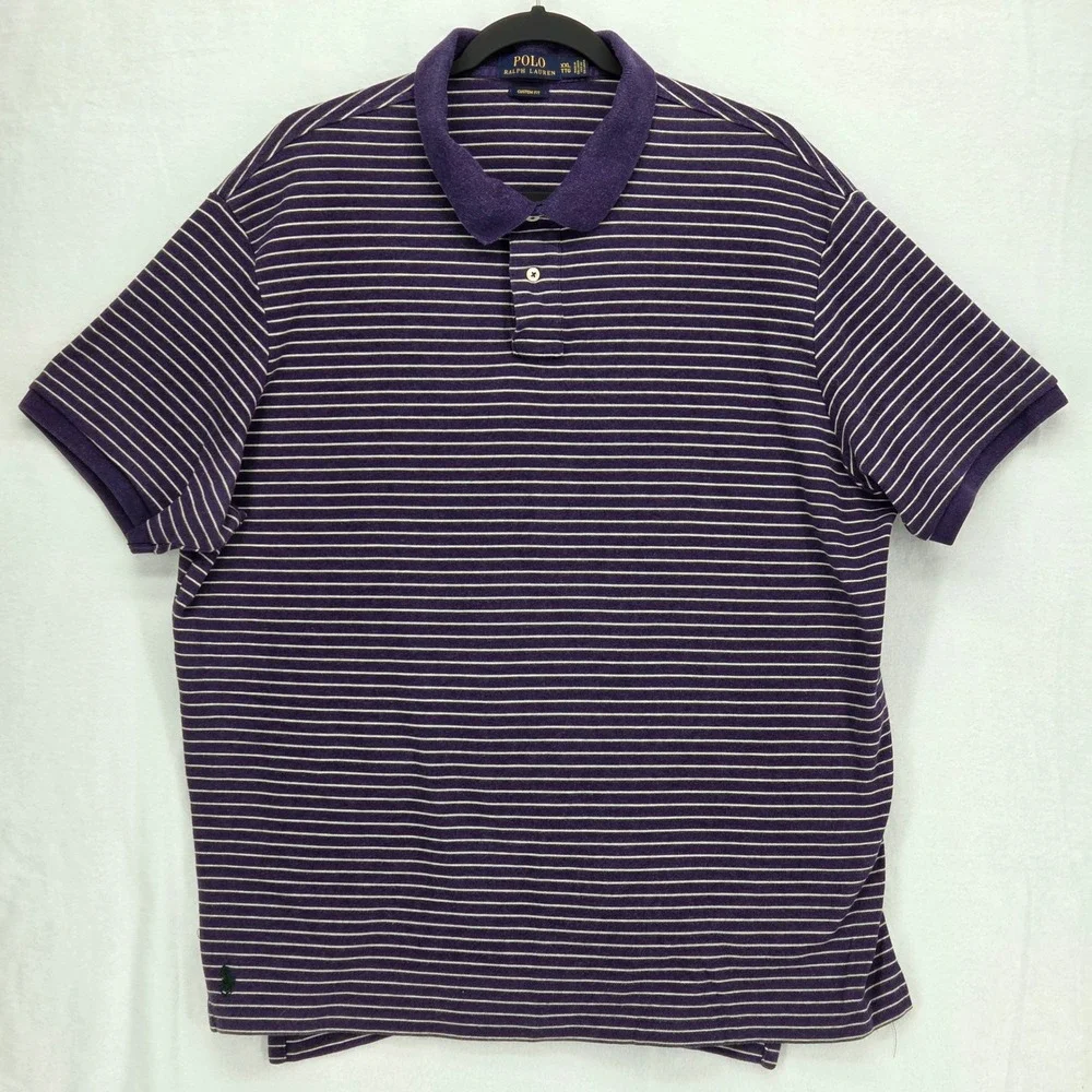 Polo Ralph Lauren Men XXL Heavy Polo Shirt Striped‎ Purple Custom Fit Cotton